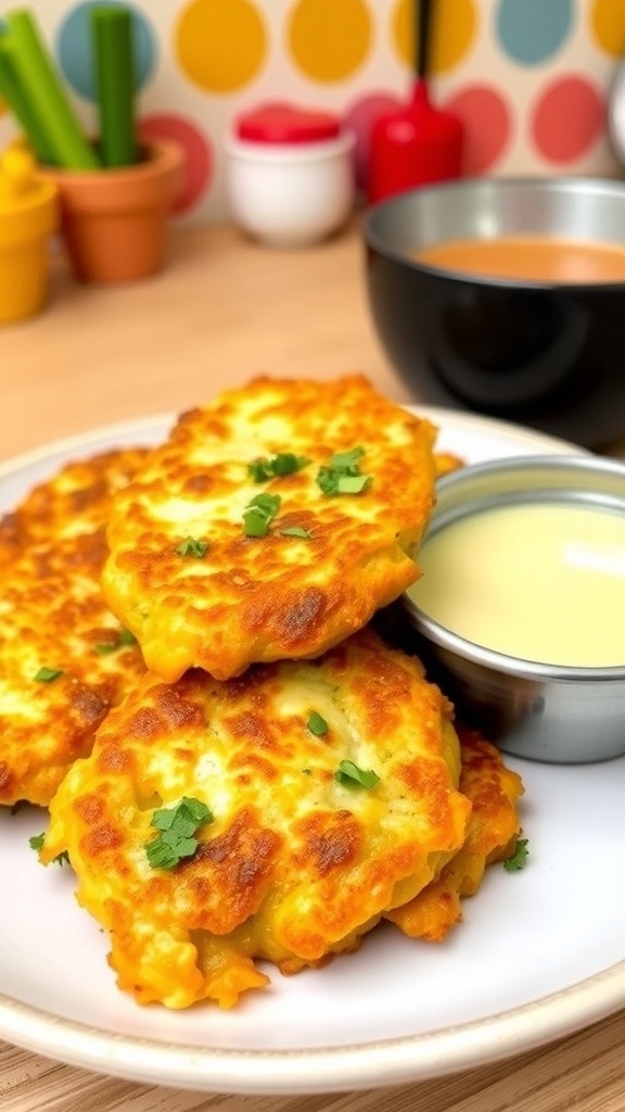 Crispy vegetable fritters on a plate with herbs and dipping sauce.